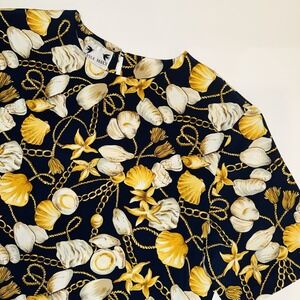 Vintage 90s Ilyssa Maxx Nautical Shell Chain Print Blouse Size 14 Navy Gold Top